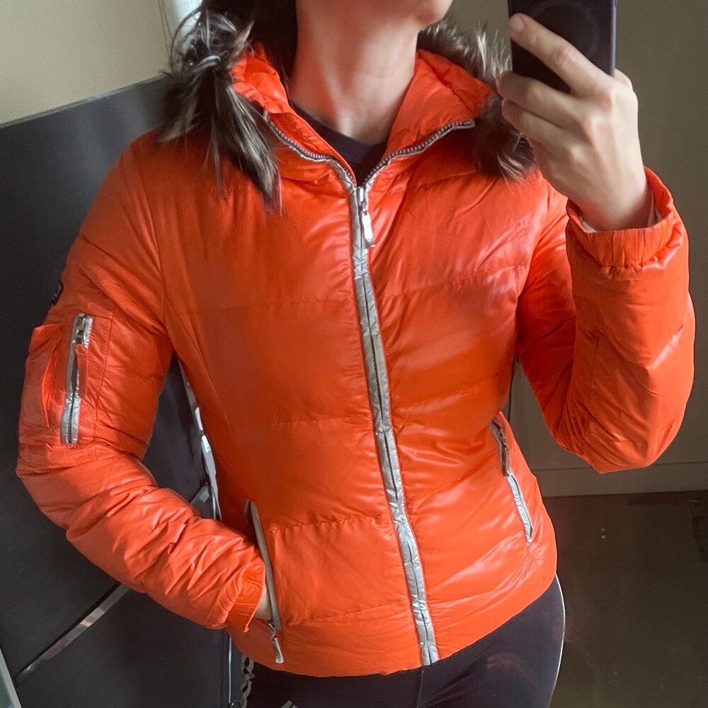 Orange SKEA ski jacket size 4, down ski puffer jacket, detachable fur collar
